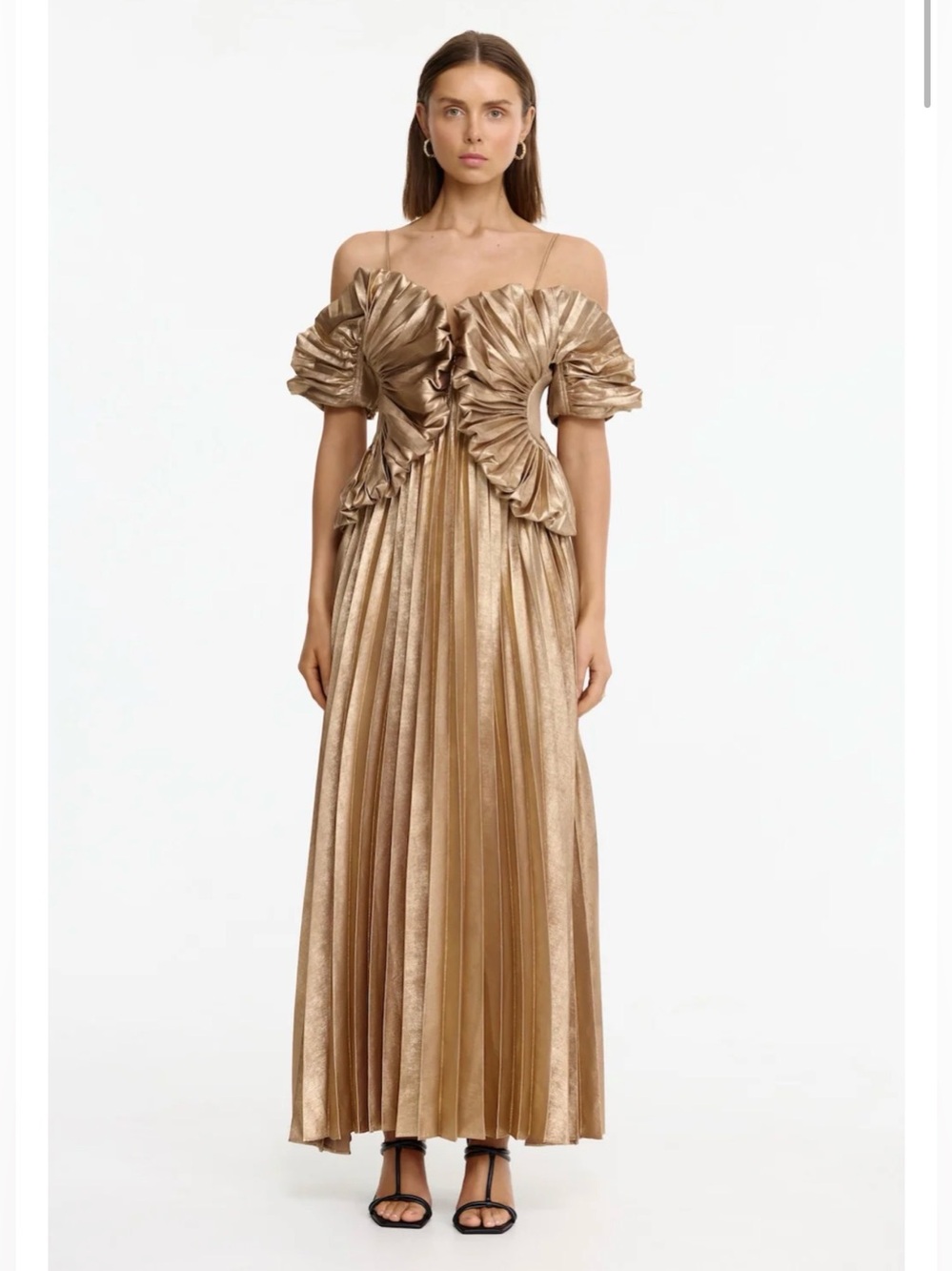 NEW Acler Hillsome Gold Metallic Pleated Off-Shoulder Dress, Size 2
